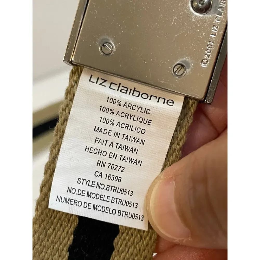 Vintage Women’s Liz Claiborne Preppy Striped Canvas Belt Khaki Black